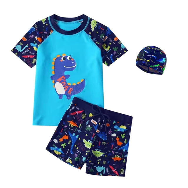 Sunnyoo Boys 3Pcs Swimsuit Cartoon Dinosaur Print Short Sleeve Rashguard Shorts Hat Set