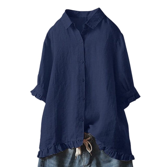 MAWCLOS Women Shirts Solid Color Tops Button Down Blouse Loose Holiday Ruffle Tunic Shirt Blue L