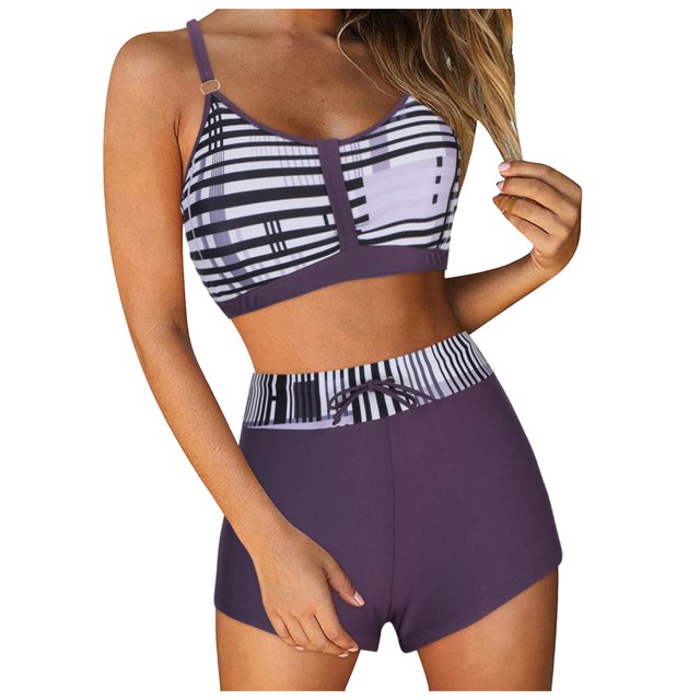 Huesdet Women High Waisted Bikini Sets Tummy Control Swimsuits Two Piece Swim Suits 2025 Color Block Halter Bathing Suits(Grey,XXL)