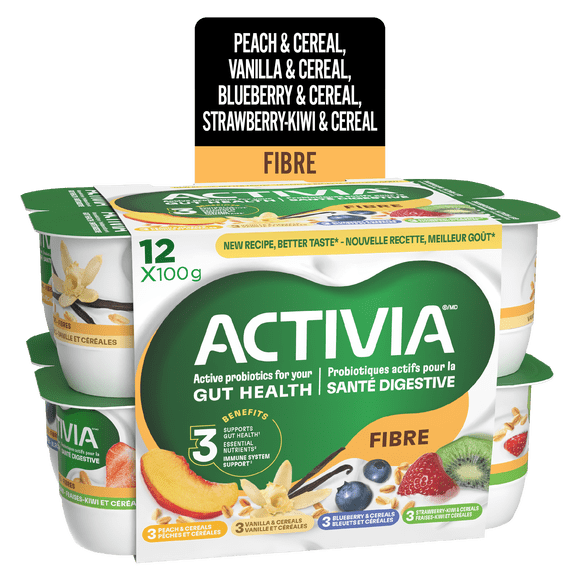 Activia Probiotic Yogurt, Fibre, Peach/Blueberry/Vanilla/Strawberry-Kiwi, 12x95g