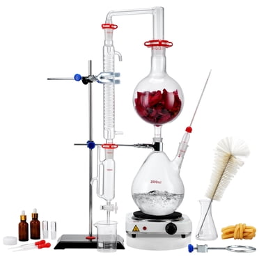VEVOR Kit de Distillation d'Huiles Essentielles, Appareil de Distillation 2000ml, Kit de Verrerie 3.3 Boro Lab avec Plaque Chauffante 1000W et 24, 40 Joints, Ensemble de 28 Pcs