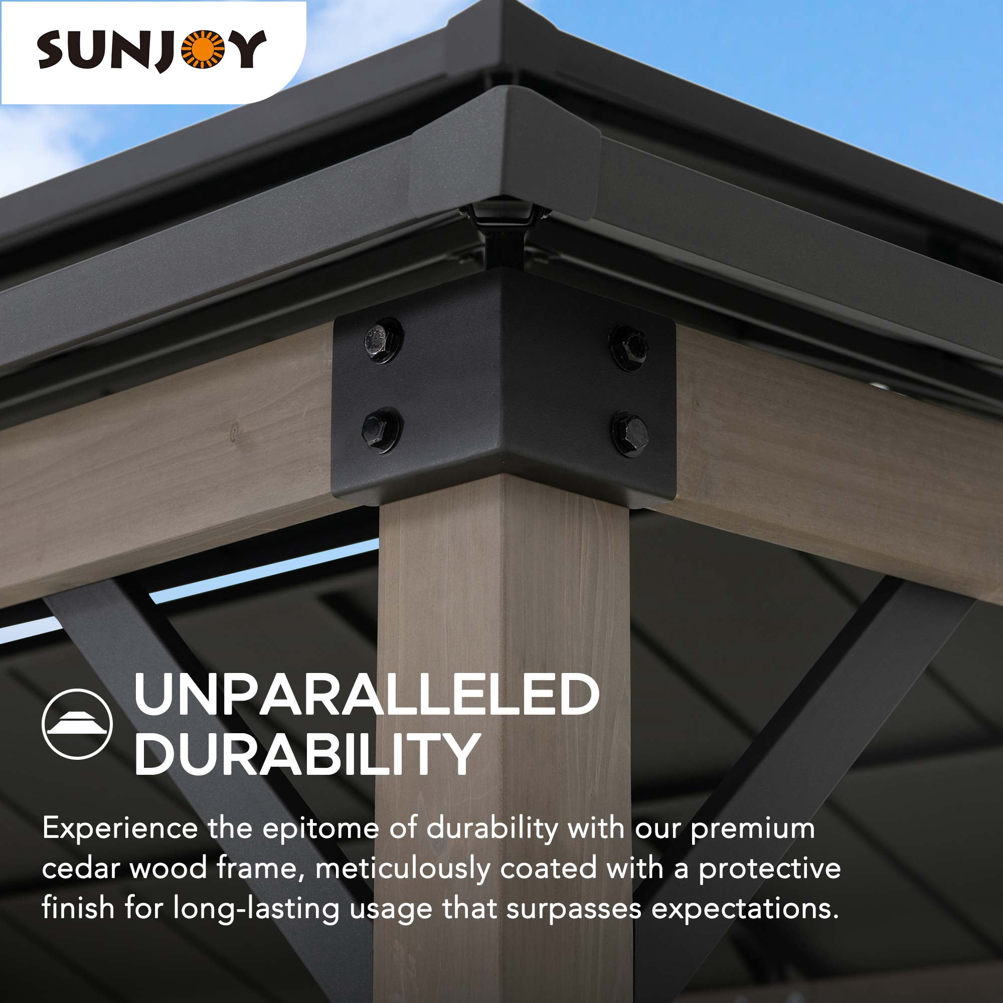 Sunjoy Tonnelle Gazebo en Bois avec Barbecue Intégré, 2.4 x 3.7 m, toit Rigide en Acier, pour des Grillades toute L'année