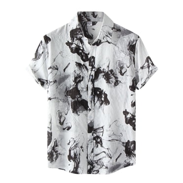 Ketyyh-chn99 Mens Golf Shirts Fashion Collar Turn Down Sleeve Beach Short Men's Casual Ink Shirt Printed Button Men Shirts Blue,2XL