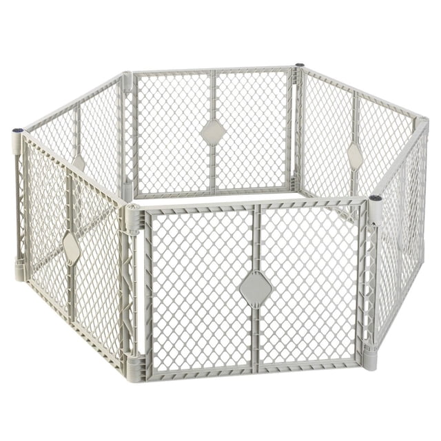 North States 6-Panel Easy To Use Baby Gate Plastic Superyard Classic baby or pet playard in grey, hexagonal freestanding enclosure with mesh panels and diamond-shaped locking mechanisms, 26 inches tall, suitable for indoor or outdoor use.