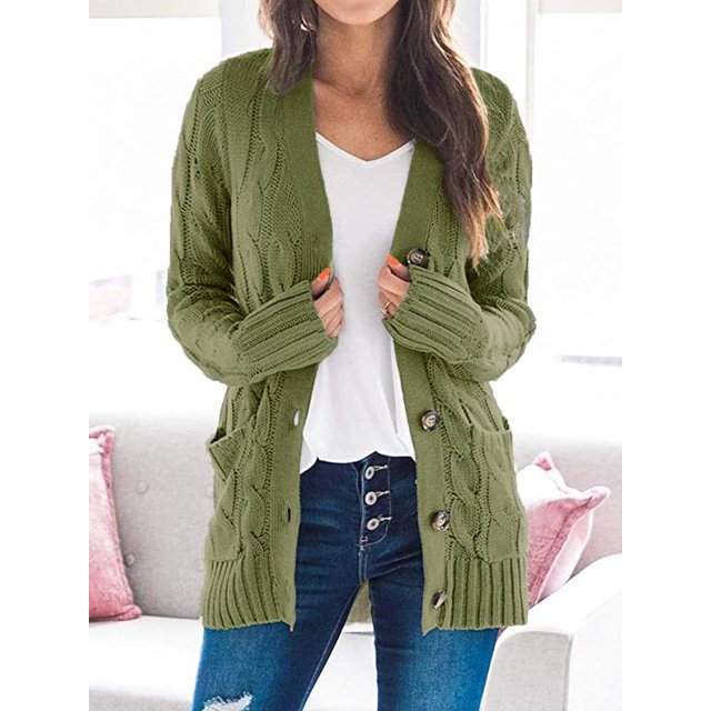 Women's Cable Knit Cardigan Long Sleeve Open Front Button Down Knitwear Sweater Coat