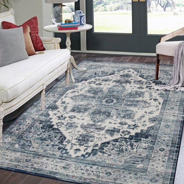 HOMERRY Area Rug 9' x 12' Rugs for Living Room Vintage Persian Rug Distressed Print Indoor Floor Cover, Blue