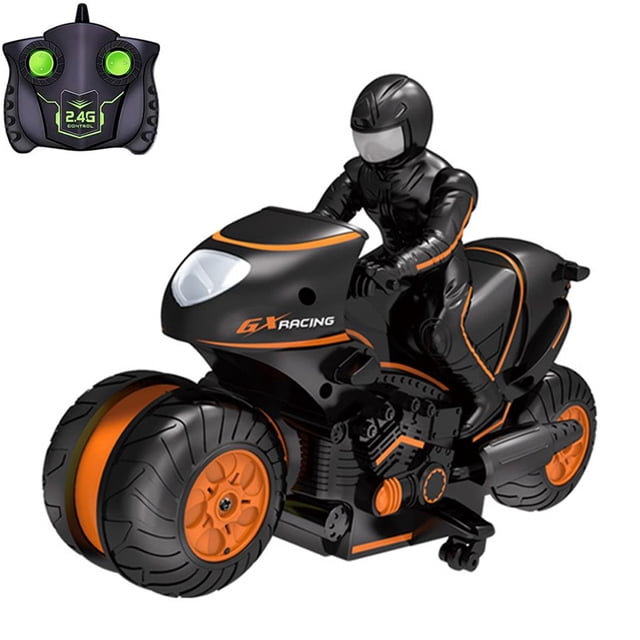 QualitChoice 2.4Ghz Remote Control Car Motorcycle for Kids High Speed and 360° Spinning Remote Control Motorcycle with Rechargeable Battery Kids Gift Black Orange