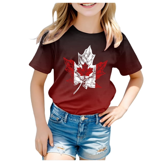 PMVFHDE Canada Day T-Shirt à Motif Imprimé de Feuille d'Érable Haut Musical Filles T-Shirt à Manches Courtes T-Shirt d'Été à Col Rond Coupe Décontractée Chandails de Base