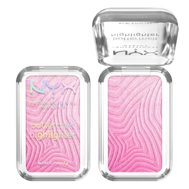 NYX Professional Makeup Buttermelt Powder Highlighter, Buildable & Buttery Soft Creamy Finish — front-facing close-up of a round compact with a pressed highlighter pan showing a pearled, creamy powder finish and NYX logo on the lid; conveys buildable shimmer for cheekbones, cupid's bow, brow bone and collarbones, and is often used to add inner-corner eye or collarbone sheen for extra dimension.