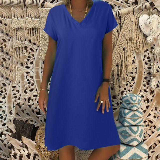 WILLBEST Robe d'Été Formelle pour Invité de Mariage d'Automne Dresses Robe en Lin pour Femmes Dresses Décontractée Col en V Robe Midi Manches Courtes Robe Ligne A Robe de Plage Sans Accessoires