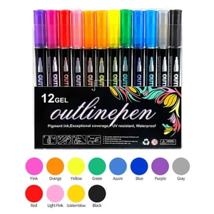 Double Line Outline Markers, 12 Colors Super Glitter Markers, Self Outline Metallics Markers, Glitter Markers Doodle Drawing Pens for Christmas Greeting Card, Birthday Gift, DIY Art Crafts