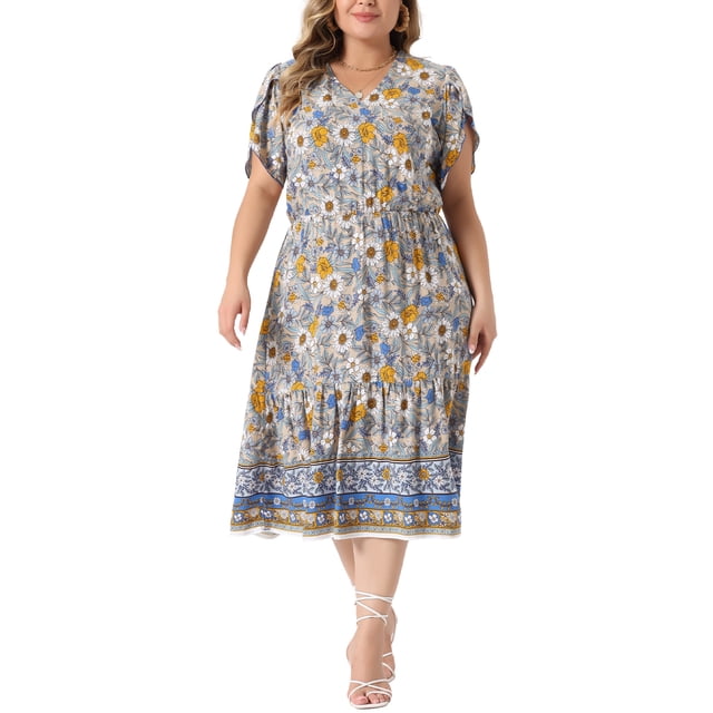 GRACE & GRANDEUR Robe Midi Trapèze d'Été Bohème Décontractée à Col en V à Manches Courtes à Imprimé Floral pour Femme Grande Taille3X Beige
