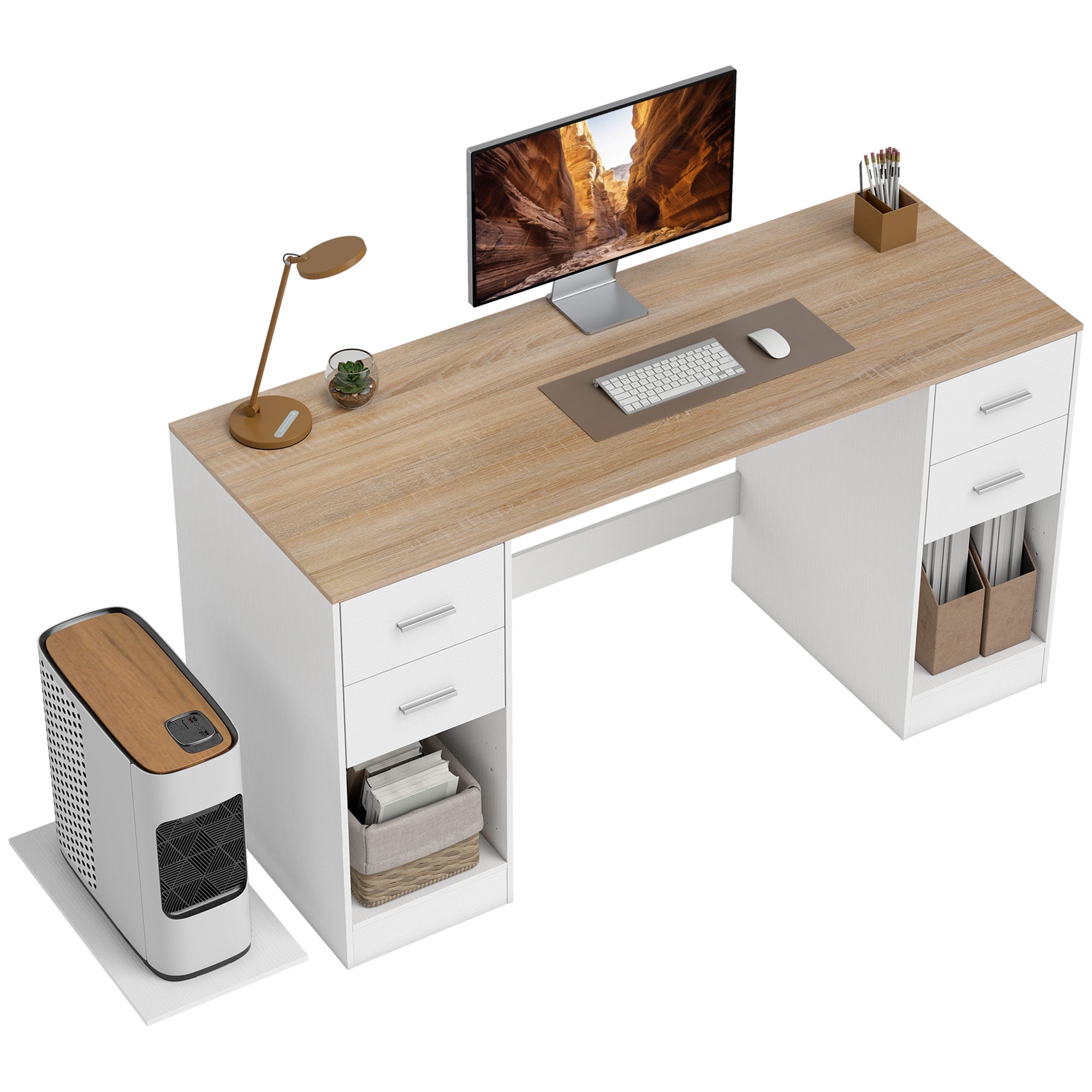 HOMCOM Computer Desk with 4 Reversible Drawers, 55" Office Desk, White