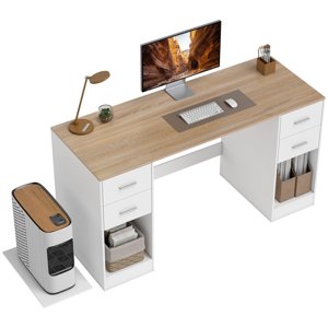 HOMCOM Bureau d'ordinateur avec 4 Tiroirs réversibles, 55" Bureau, Blanc