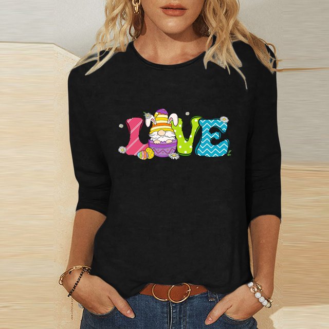 Xihbxyly Hauts Décontractés pour Femmes T-shirt à Col Rond Imprimé de Pâques à Manches 3/4 T-shirt à Col Rond Chandail à Enfiler Tendance à Petit Budget