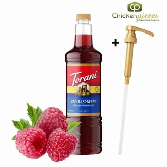 Torani Red Raspberry Flavoring Syrup, Professional Bold Berry Base, Shatter-Resistant 1L Plastic Bottle + Bonus Squeeze Pump