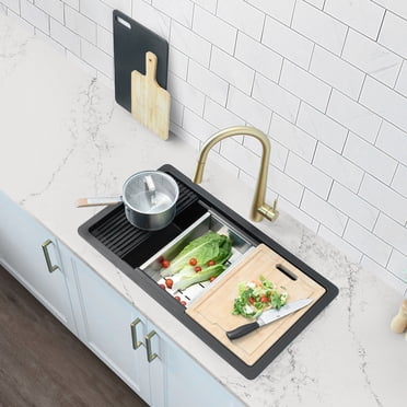 Stylish Dual Mount 32" Black Composite Granite Single Bowl Kitchen Sink with 4 accs S-832WN
