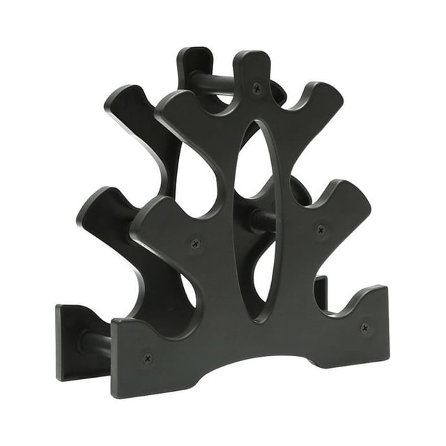 Dumbbell Rack Stand 3 Tier Dumbbells Hand Weights Sets Holds 30 Pounds. A compact black 3-tier dumbbell rack made of durable PP material with a tree-shaped design, capable of holding up to three pairs of dumbbells. Perfect for gym storage and organizing weights in home gyms or fitness spaces.
