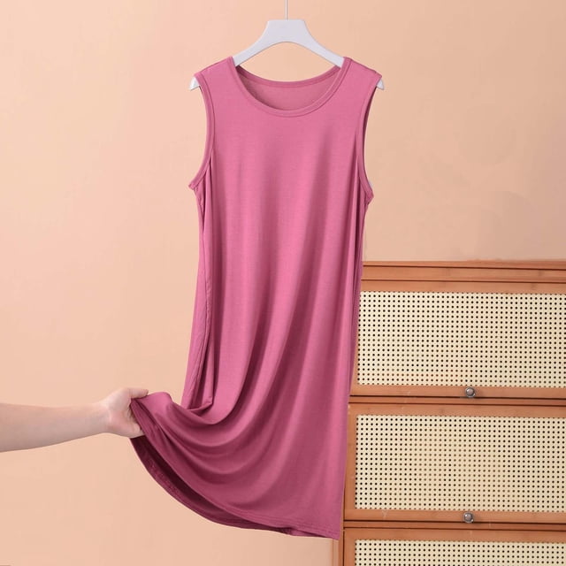 Elvqul Pyjama Doux pour Femmes Grande Taille Robe Sans Manches pour Dames Chemises de Nuit Unies pour Femmes Coton Rouge