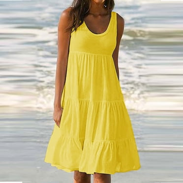 Pisexur Robe de Plage de Mode pour Femmes, Vacances d'Été, Couleur Unie, Sans Manches, Robe de Fête, Robe d'Été, Col Rond, Robes Décontractées pour Femmes, Fluide, Ligne A, Robe de Plage de Fête, Robes d'Été pour Femmes 2022