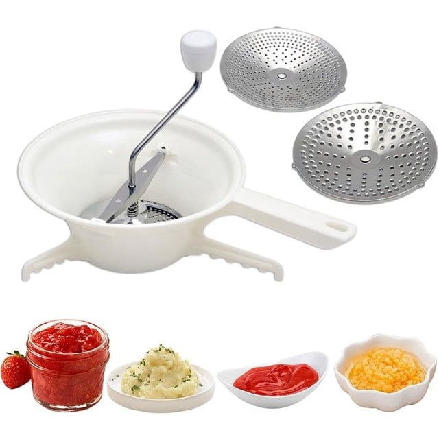 Food Mill for Vegetable Cutter with 3 Interchangeable Discs, a white and silver kitchen tool with a stainless steel handle and ergonomic design. Includes three perforated discs for fine, medium, and coarse textures. The image also shows its use for tomato sauce, mashed potatoes, and purees. Compact and easy to store, this specialty kitchen gadget is ideal for making smooth sauces and soups.