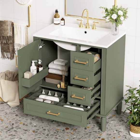 taoruifang 30in olive green bathroom vanity cabinet, modern transitional solid wood MDF sink unit with soft close door and multi drawers for compact bathroom storage