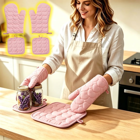Yeciiwht Set of Cotton Oven Mitts & Pot Holders with Heart Patterns – Heat-Resistant Kitchen Gloves for Baking, Cooking & Grilling (2 Mitts + 2 Holders)
