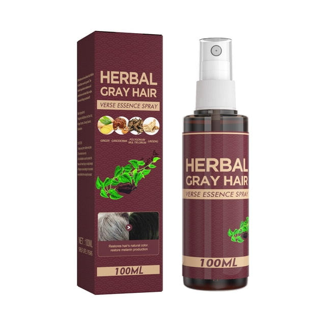 Herunwer Herbal Essence Hair Spray, a 100ml bottle of gray hair reverse herbal essence spray, designed for gradual hair darkening over 4 weeks. The product features a maroon bottle with a spray nozzle and matching packaging, highlighting its natural ingredients like Polygonum multiflorum and ginseng. Suitable for nourishing and revitalizing hair while reversing gray hair naturally.