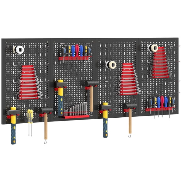 HOMCOM Panneaux de Panneau Perforé en Métal de 38 Pcs avec Accessoires, Noir et Rouge