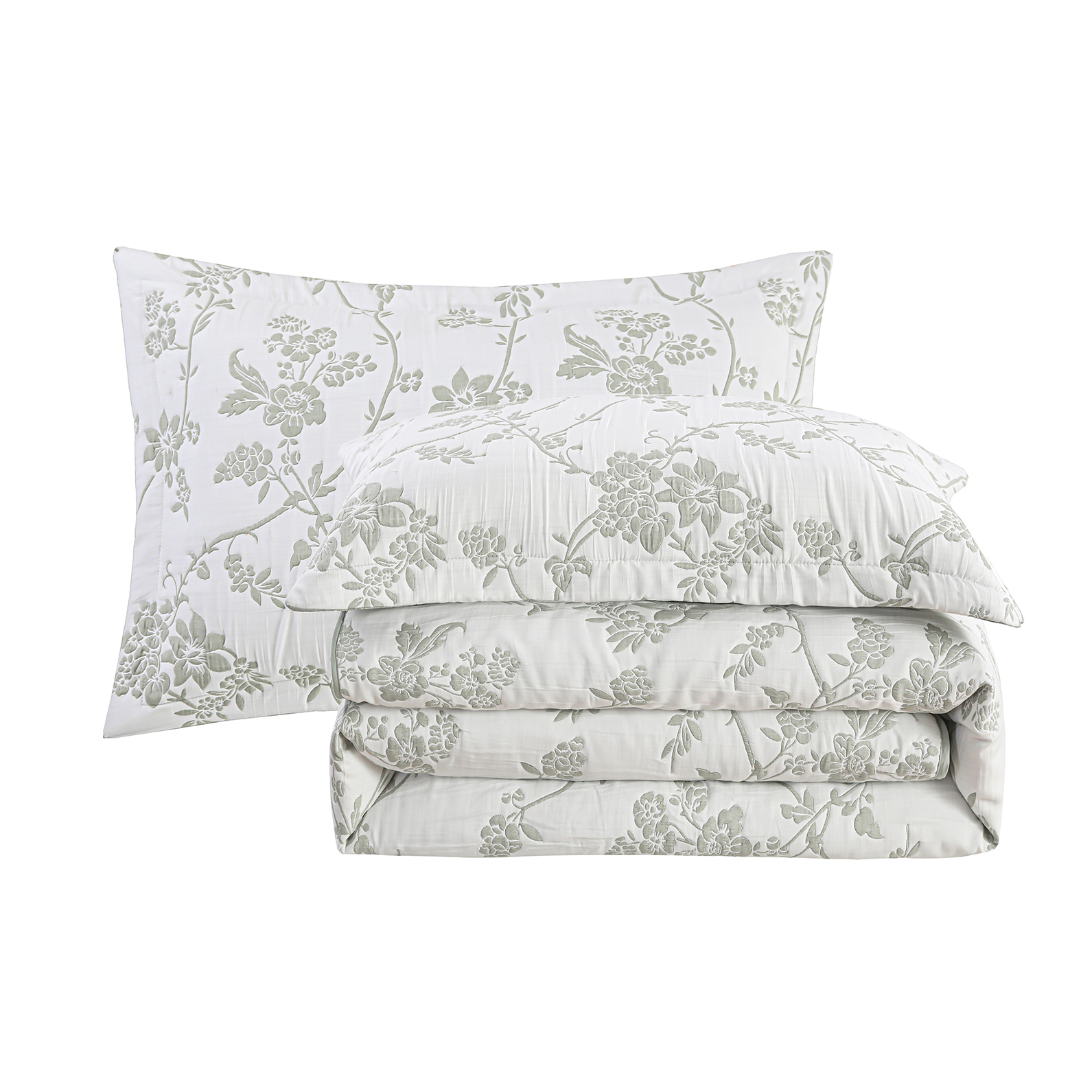 Couvre-lit brodé en jacquard Marina Decoration, parure de lit ultra douce, réversible, avec taies d'oreiller matelassées, motif floral vert