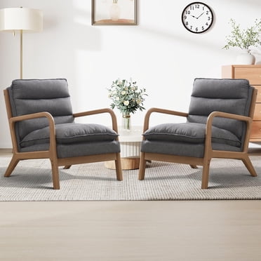 Bonzy Home Ensemble de 2 Fauteuils d'Appoint de Style Moderne du Milieu du Siècle, Fauteuils Confortables avec Coussin de Soutien Lombaire, Fauteuils Rembourrés en Tissu avec Structure en Bois Massif pour Salon, Chambre, Balcon, Gris Foncé