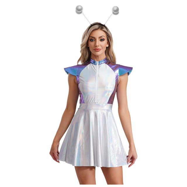 LiiYii Ensemble de Costume d'Alien de l'Espace pour Femmes, Robe Mini Évasée Trapèze à Manches Cap et Cheveux Bleu P