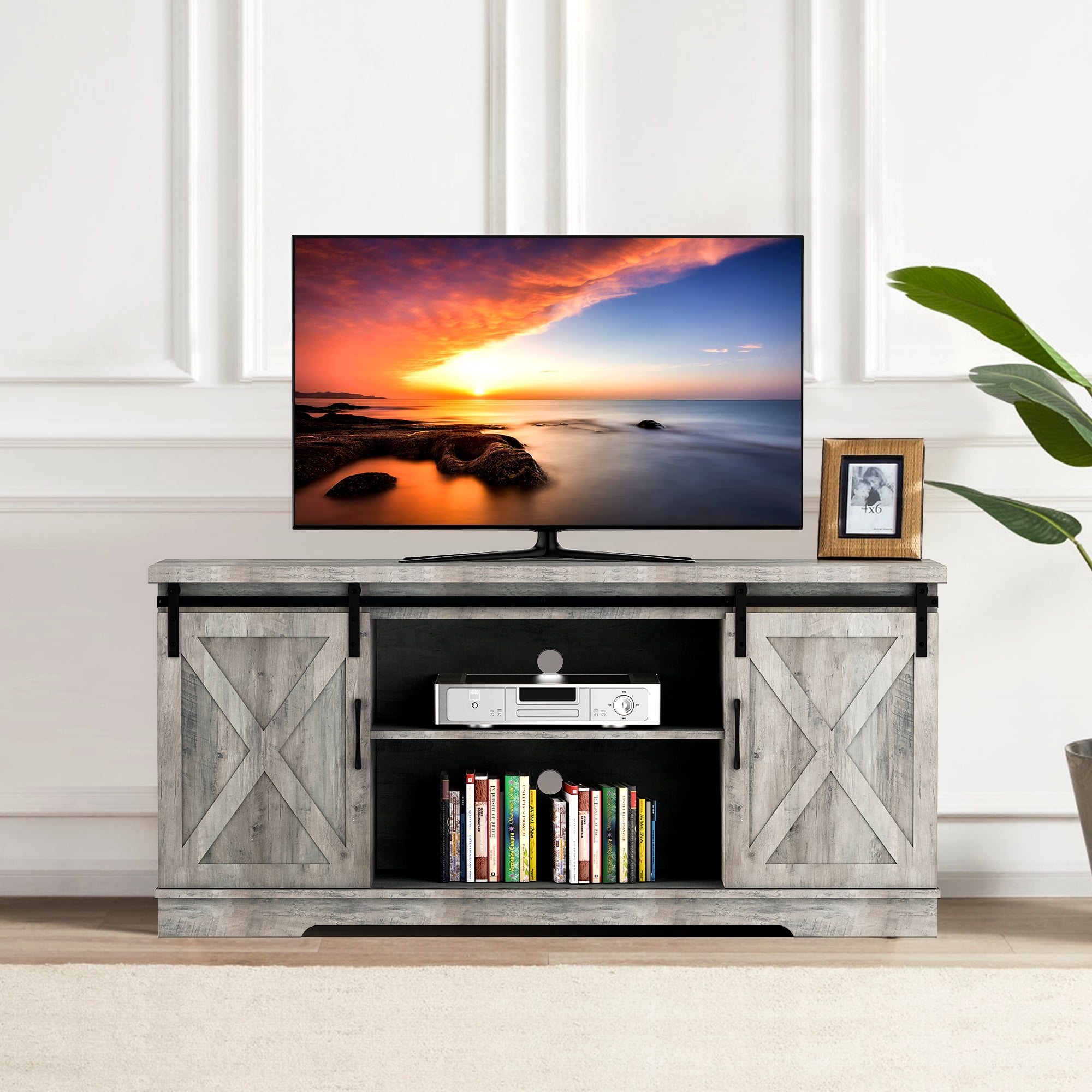 BeesClover TV Stand, Farmhouse Entertainment Center TV Media Console Table, Tall TV Stand for 65 Inch TV with Barn Doors, Storage and Shelves, Grey Modern TV Console Cabinet Furniture for Living Room