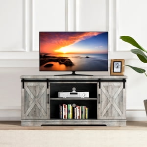 BeesClover TV Stand, Farmhouse Entertainment Center TV Media Console Table, Tall TV Stand for 65 Inch TV with Barn Doors, Storage and Shelves, Grey Modern TV Console Cabinet Furniture for Living Room