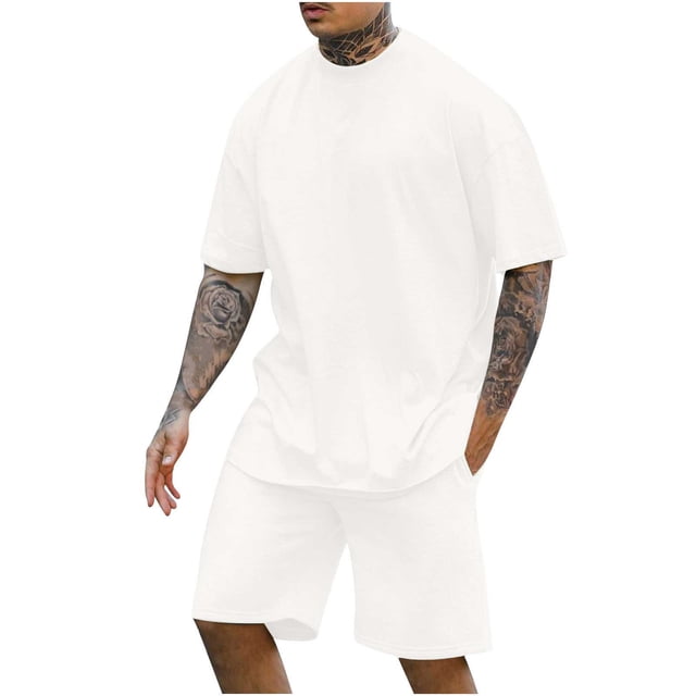 TIMIFIS Ensemble Court Blanc pour Hommes Tenues 2 Pcs Survêtement Manches Courtes Col Rond Décontracté Blouse et Shorts Ensemble Deux Pièces - Automne