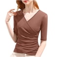 thumbnail image 1 of Wrap Tops for Women Ruched V Neck Slim Fitted Half Sleeve Business Casual Work T Shirts Blouse, 1 of 3