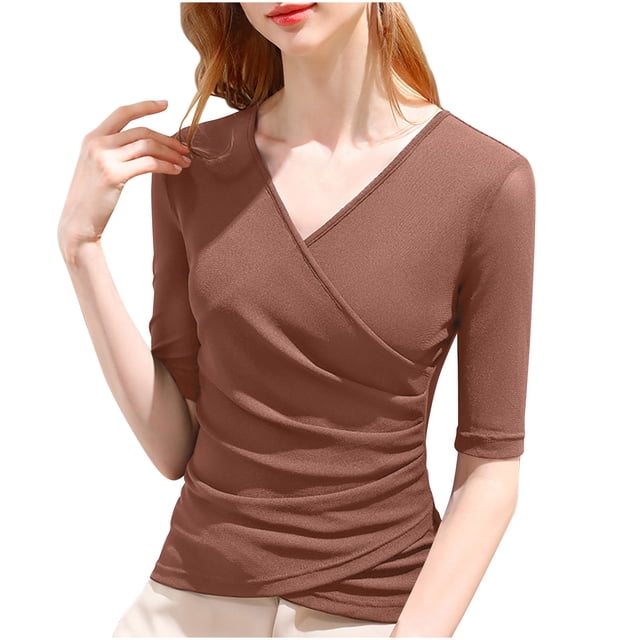 Wrap Tops for Women Ruched V Neck Slim Fitted Half Sleeve Business Casual Work T Shirts Blouse