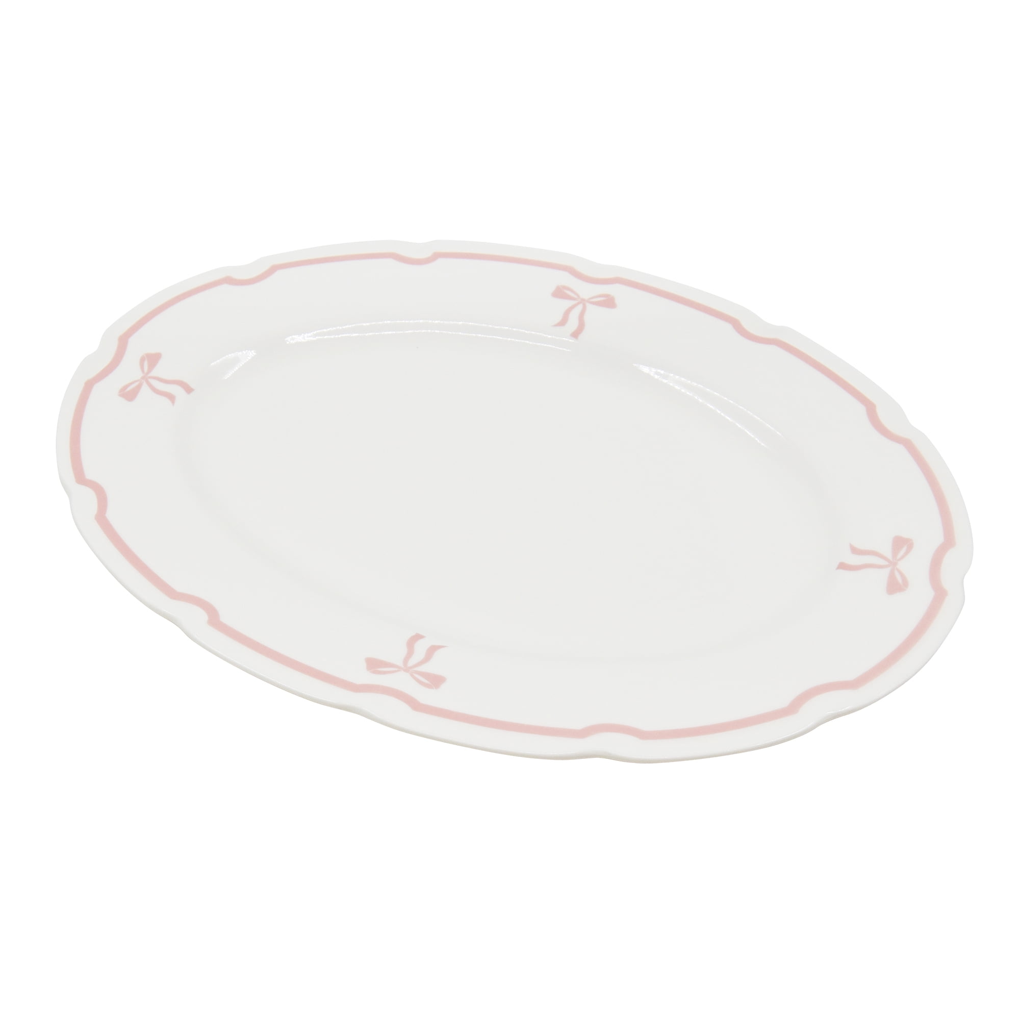 Holiday Time Maison De Noel Collection Pink Ribbon Bow Oval Serving Platter, 13.5” x 9.7”, Stoneware, 1 Count