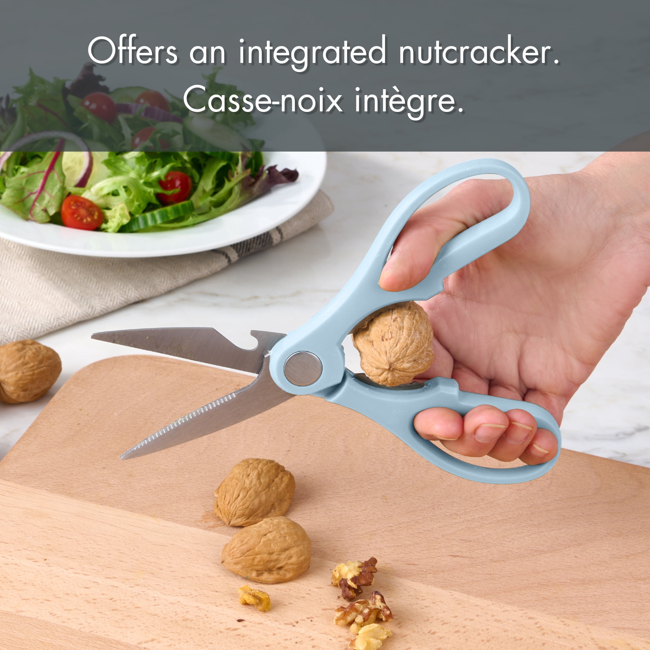 Ciseaux de cuisine Mainstays avec lames en acier inoxydable, décapsuleur et casse-noix intégrés, 19 cm, Bleu