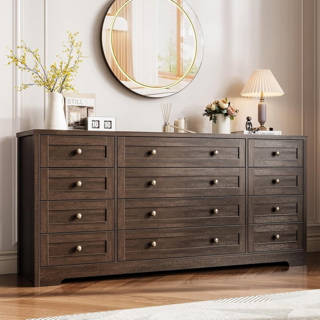 Commode en Bois à 12 Tiroirs, Commode Moderne et Meuble Télé pour Télé de 65 Pouces, Chambre, Garde-Robe, Salon, Couloir, Brun