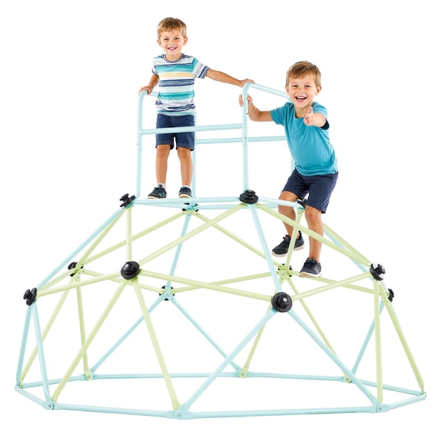 VEVOR Climbing Dome 6FT Geometric Dome Climber with a 600 lbs loading capacity, shown in a light blue and green steel frame. Two children are climbing and standing on the dome, demonstrating its stability and size. The structure features non-slip handles and a triangular design for added safety. Suitable for outdoor play and accommodating 4–5 children simultaneously.