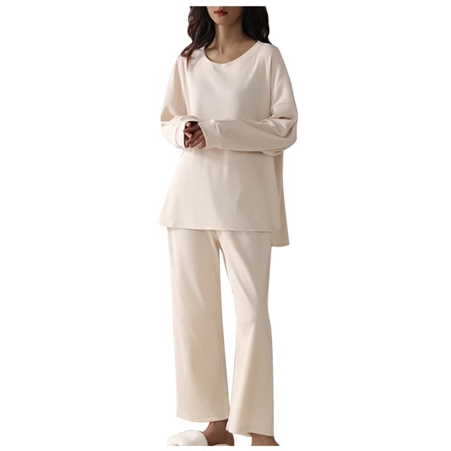 Yuyuzo Ensemble de Pyjama pour Femmes 2 Pcs Col Ras du Cou Manches Longues Haut à Enfiler Vêtement de Nuit Pantalon à Jambe Grand Ensembles de Pjs Tenue d'Intérieur