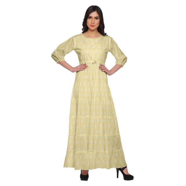 Moomaya Printed Round Neck 3/4 Sleeve Long Maxi Dress With Drawstring Waist