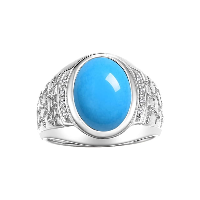 RYLOS Men's Rings 14K White Gold Nugget Ring with Cabochon Gemstone & Diamonds Turquoise Rings For Men Size 9