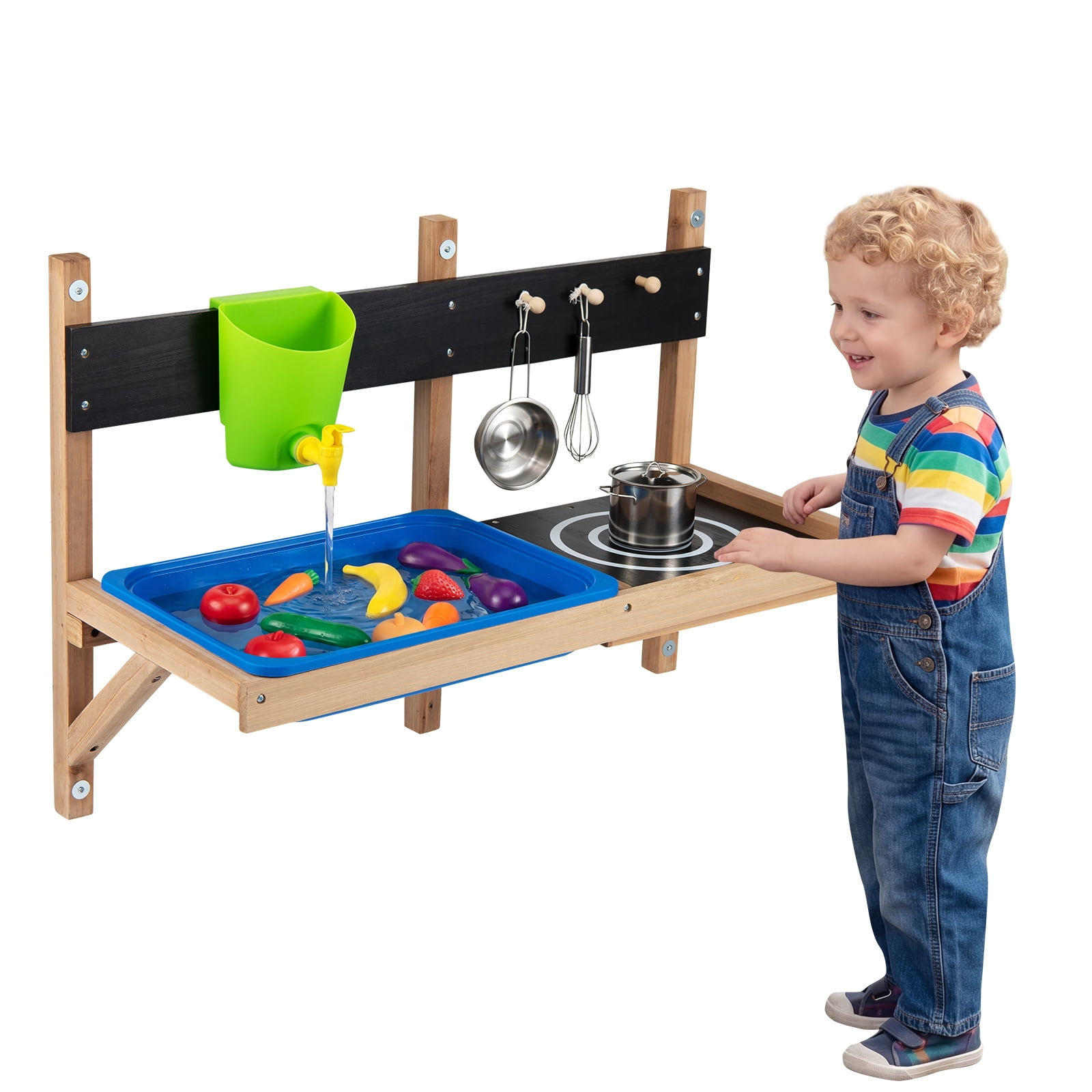 Gymax Outdoor Wall Mounted Mud Kitchen for Kids Wooden Play Kitchen w/ Sink Faucet