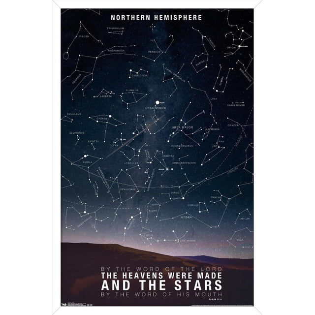 Affiche Murale The Stars, 22,375 Pouces x 34 Pouces Affiche une Carte Étoilée Détaillée de l'Hémisphère Nord avec des constellations Étiquetées comme Ursa Major, Cassiopée et Orion contre un Ciel Nocturne Sombre au-Dessus de Montagnes Silhouettées, avec une Citation du Psaume 33:6, Convient comme art Mural Ou Déco de Chambre.
