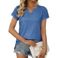 thumbnail image 2 of pitrice Summer Pleated Short Sleeve Solid Color Splicing V Neck T-Shirt Casual Basic Tops Female Shirts Daily Tees for Blue S, 2 of 7