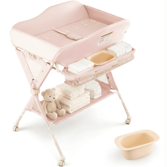 INFANS Baby Changing Table with Wheels, Portable Folding Diaper Station Nursery Organizer with Storage Basket, Hanging Rack, Adjustable Height, Safety Belt for Newborn Infant