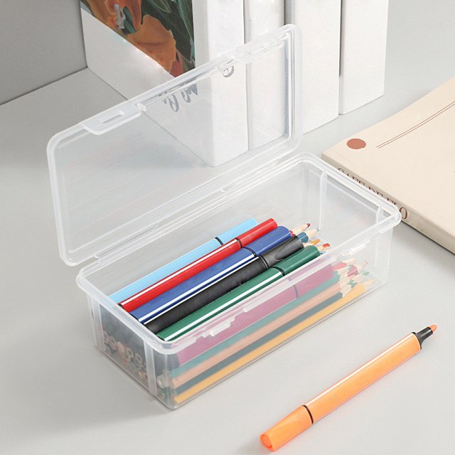 Qocolhg Plastic Storage Containers with Lid, Clear Pencil Box Pencil Case, Storage Boxes Bulk Stackable Design, Durable Office Supplies Organizer for Crayon Pencil, Craft, Brush, Art Supplies, Makeup