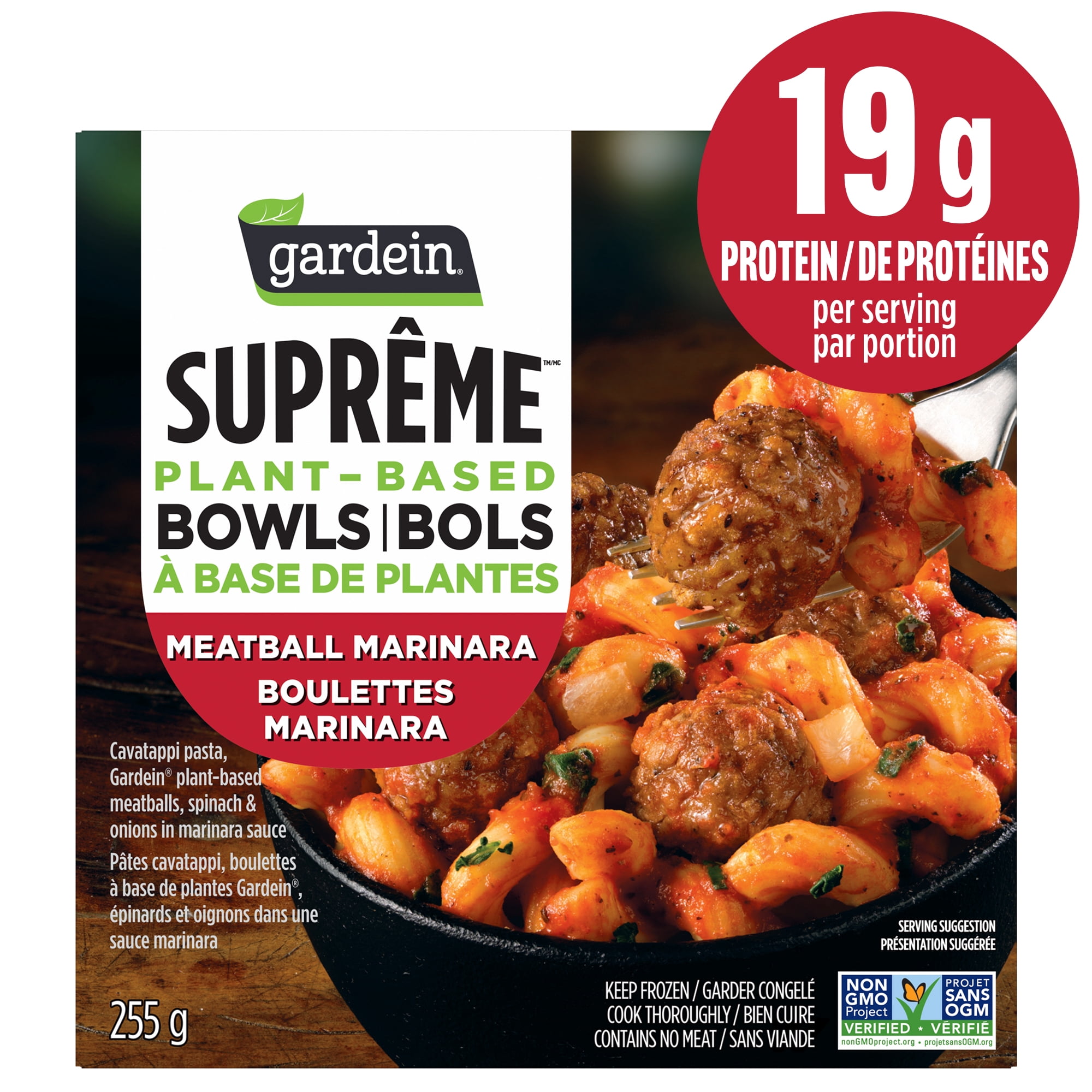 Gardein Suprême Plant‑Based Bowls Meatball Marinara Frozen Dinner Bowl, Pasta with Plant‑Based Meatballs, Spinach & Onions in Marinara Sauce, 19g of Protein, Frozen Meal, 255g